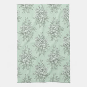Muntgroene botanische toile met bloemboeketten theedoek