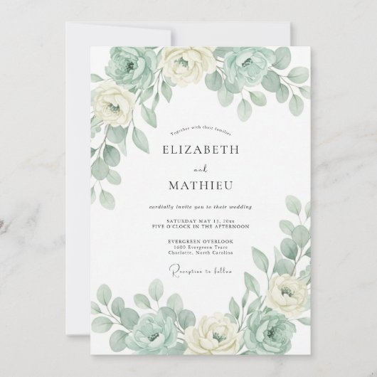 Muntgroene Elegante Botanische Bruiloft Kaart (Voorkant)