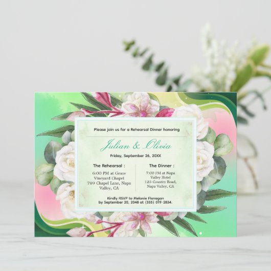 Muntgroene en Roze Botanische Proefbruiloftsdiner Kaart (Staand voorkant)