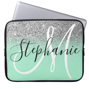 Muntgroene en zilveren glitter ombre monogram laptop sleeve