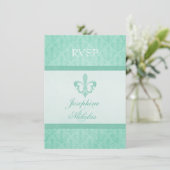 Muntgroene Fleur De Lis formele trouw-RSVP Kaart (Staand voorkant)