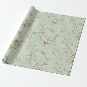 Muntgroene Franse landelijke vogels en bloem toile Cadeaupapier