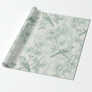 Muntgroene Franse landelijke vogels en bloem toile Cadeaupapier