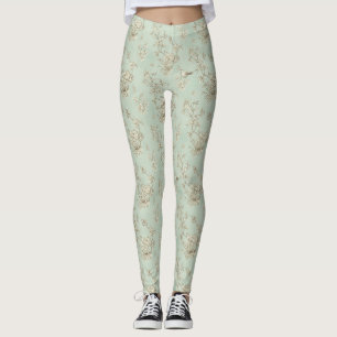 Muntgroene Franse landelijke vogels en bloem toile Leggings