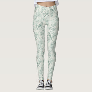 Muntgroene Franse landelijke vogels en bloem toile Leggings