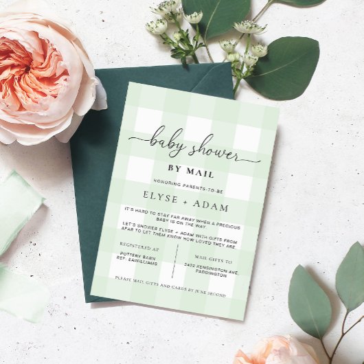 Muntgroene geruite babyshower-uitnodiging per post kaart