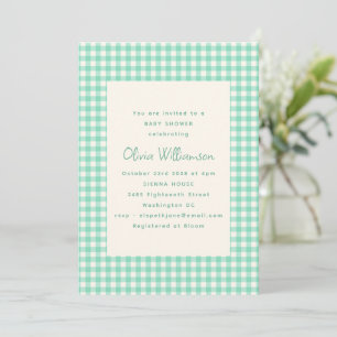 Muntgroene geruite retro-crème baby shower uitnodi kaart