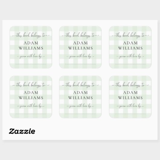 Muntgroene Gingham-boekenlegstickers Vierkante Sticker (Vel)
