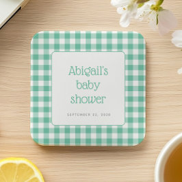 Muntgroene Gingham Geruite Rustieke Baby Shower Kartonnen Onderzetters