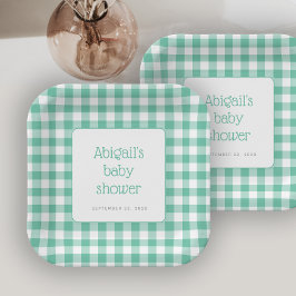 Muntgroene Gingham Geruite Rustieke Baby Shower Papieren Bordje