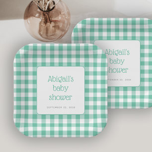 Muntgroene Gingham Geruite Rustieke Baby Shower Papieren Bordje
