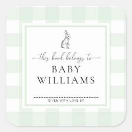 Muntgroene Gingham Konijn Ex-Libris Sticker