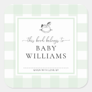 Muntgroene Gingham Schommelend Paard Boekplaatstic Vierkante Sticker