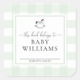 Muntgroene Gingham Schommelend Paard Ex-Libris Sti Vierkante Sticker