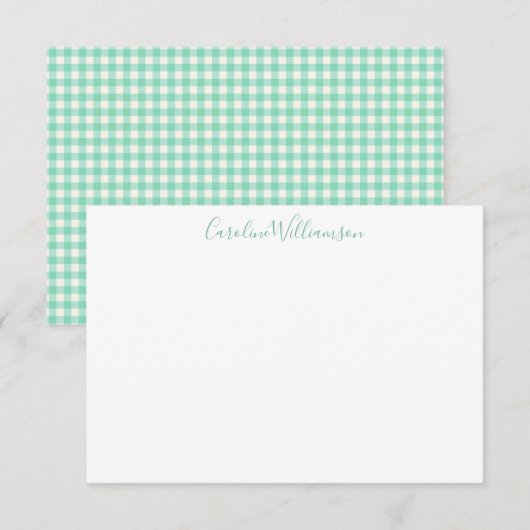 Muntgroene Gingham Schotse Ruit Preppy Script Naam Notitiekaartje (Voorkant / Achterkant)