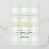 Muntgroene Gingham Verjaardags Uitnodiging met Gou (Voorkant)