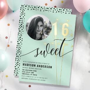 Muntgroene glinsterende Sweet 16 verjaardagsfoto Folie Uitnodiging