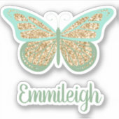 Muntgroene Glitterige Gouden Vlinder Naam Sticker (Voorkant)