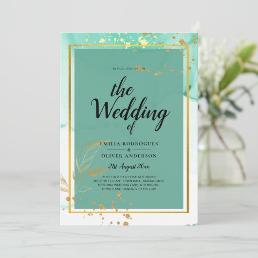 Muntgroene Gouden Alcohol Inkt Abstracte Trouw Kaart (Staand voorkant)