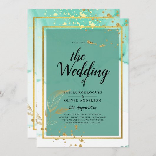 Muntgroene Gouden Alcohol Inkt Abstracte Trouw Kaart (Voorkant / Achterkant)