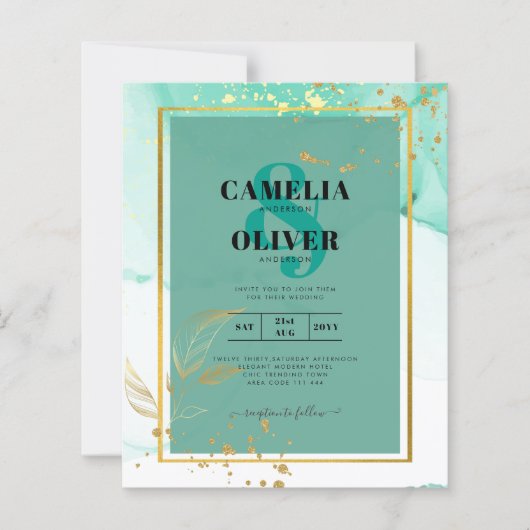 Muntgroene Gouden Alcoholinkt Abstracte Trouwdag (Voorkant)