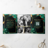 Muntgroene Gouden Bloem Marmer QR Code Bruiloft Drieluik Uitnodiging (Binnen)