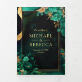 Muntgroene Gouden Bloem Marmer QR Code Bruiloft Drieluik Uitnodiging (Cover)
