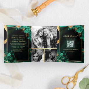 Muntgroene Gouden Bloem Marmer QR Code Bruiloft Drieluik Uitnodiging