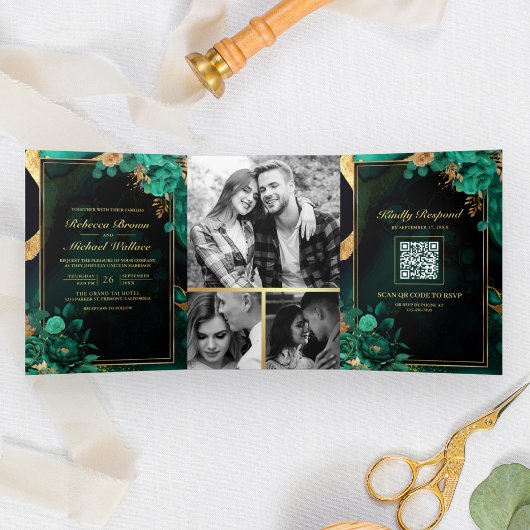 Muntgroene Gouden Bloem Marmer QR Code Bruiloft Drieluik Uitnodiging