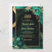 Muntgroene Gouden Bloem QR Code Moslim Huwelijk Kaart (Voorkant)
