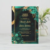 Muntgroene Gouden Bloem QR Code Moslim Huwelijk Kaart (Staand voorkant)