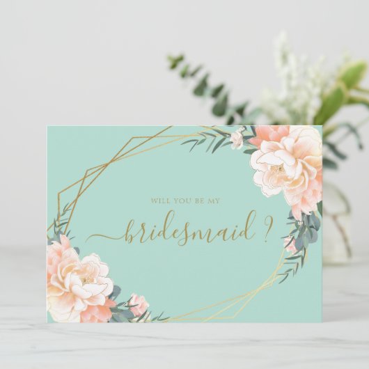 Muntgroene Gouden Bloemen Wil Je Mijn Bruidsmeisje Kaart (Staand voorkant)