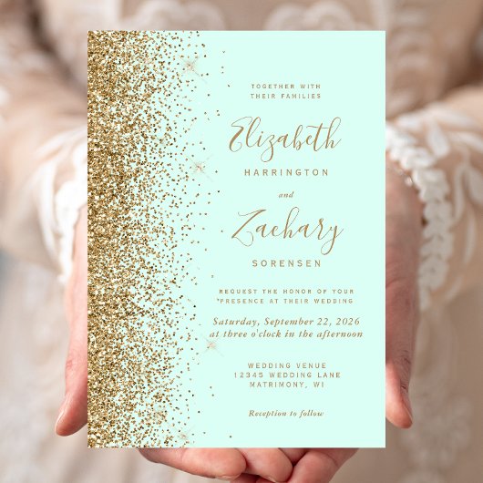 Muntgroene Gouden Glitter Bruiloft Kaart