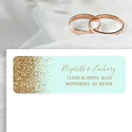 Muntgroene Gouden Glitter Huwelijks Retouradres Etiket