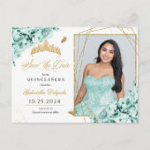 Muntgroene & Gouden Tiara Quinceañera Fotokaart Briefkaart (Voorkant)