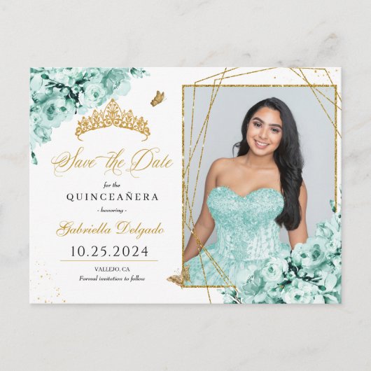 Muntgroene & Gouden Tiara Quinceañera Fotokaart Briefkaart (Voorkant)