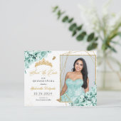 Muntgroene & Gouden Tiara Quinceañera Fotokaart Briefkaart (Staand voorkant)