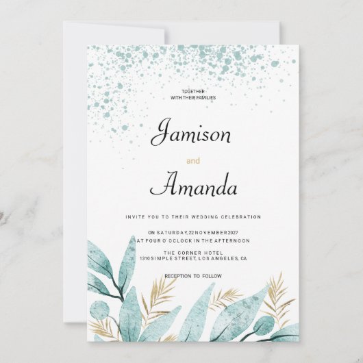 Muntgroene gouden waterverf bladermotief Trouw Kaart (Voorkant)