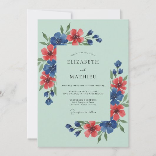 Muntgroene luchtige wilde bloemen bruiloft kaart (Voorkant)