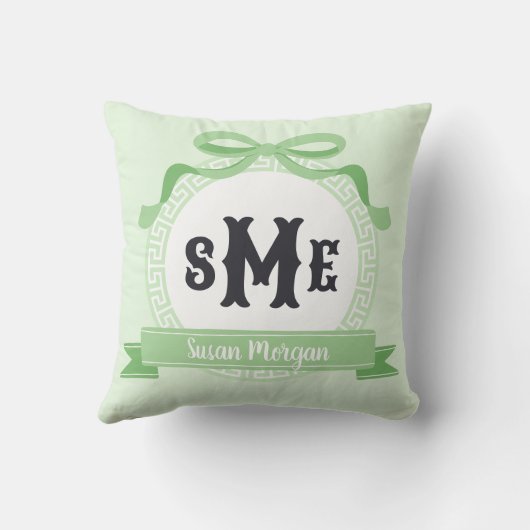 Muntgroene omgekeerde Griekse sleutelboog monogram Kussen (Achterkant)