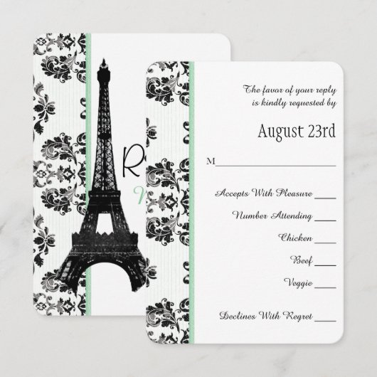 Muntgroene Parijse Eiffeltoren RSVP Trouwkaart (Voorkant / Achterkant)