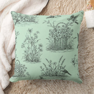 Muntgroene pastorale toile met vogels en bloesems kussen