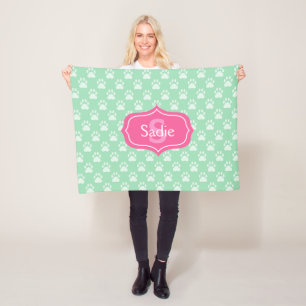 Muntgroene pootafdrukken en roze monogram & naam fleece deken