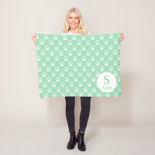 Muntgroene Pootafdrukken Patroon Met Monogram & Na Fleece Deken