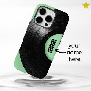 Muntgroene Retro Vinylplaat Aangepaste Naam iPhone 16 Pro Hoesje