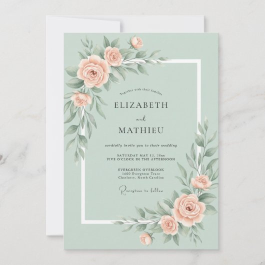 Muntgroene Romantische Rozen Bruiloft Kaart (Voorkant)
