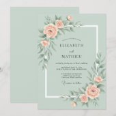 Muntgroene Romantische Rozen Bruiloft Kaart (Voorkant / Achterkant)