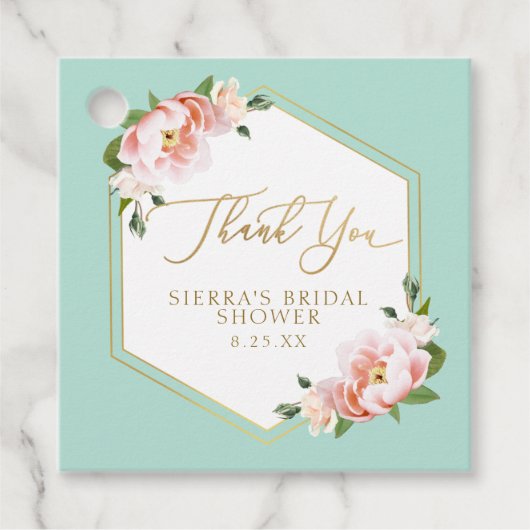 Muntgroene Roze Gouden Geometrische Bruidsdouche Bedankjes Labels (Voorkant)