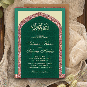 Muntgroene Roze Gouden Glitter Mihrab Moslim Bruil Kaart