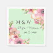 Muntgroene Rustieke Roze Bloemen Trouw Monogram Servetten (Voorkant)